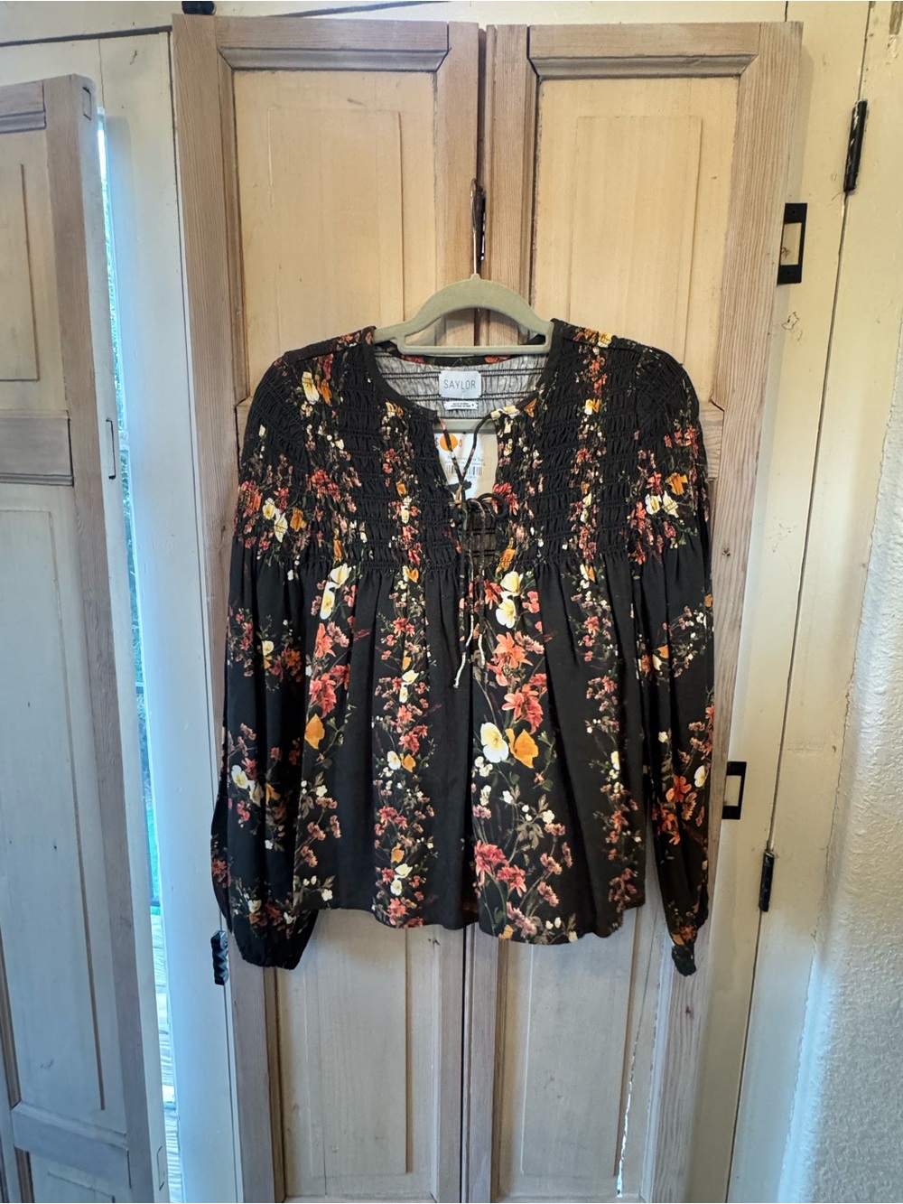 SAYLOR Black Floral Smocked Tie-Front Blouse